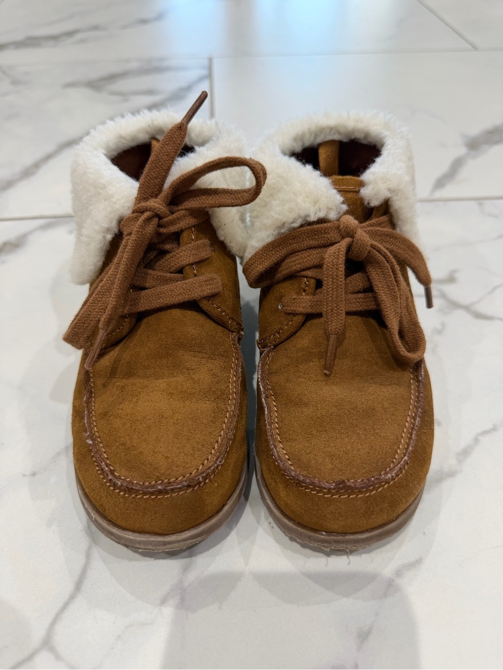 GAP Kids Tan Suede Lace-Up Boots with Cream Faux Fur Collar